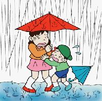 イラスト：大雨で変形した傘をさして身を寄せる兄弟