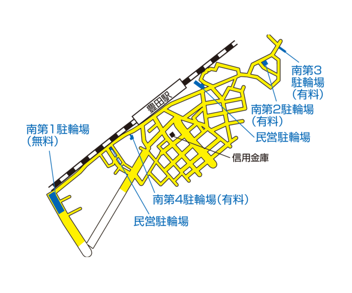 図：豊田駅南口付近の駐輪場位置および放置禁止区域