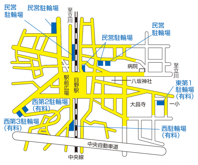 図：日野駅付近の駐輪場位置および放置禁止区域