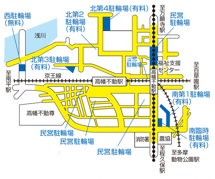 図：高幡不動駅付近の駐輪場位置および放置禁止区域1