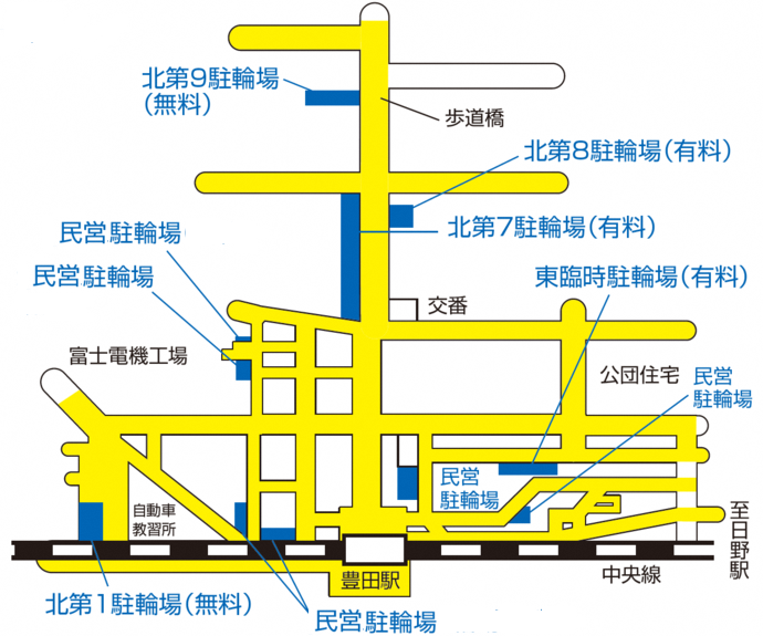 図：豊田駅北口付近の駐輪場位置および放置禁止区域