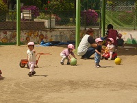 保育参観で1歳児クラスが園庭で遊んでいる写真