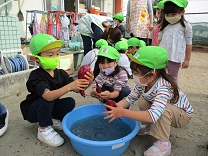 写真：3歳児こあら組のイモ洗いの様子