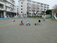 園庭で三輪車に乗る子どもたちの写真