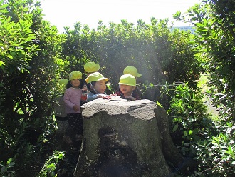 2歳児が遠足で公園へ行き探検ごっこで遊ぶ様子の写真