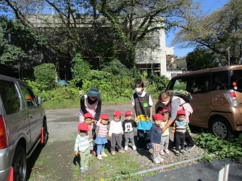 1歳児りす組がさつまいも芋堀りの見学をしている様子の写真