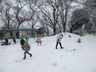 5歳児らいおん組雪遊びの様子の写真