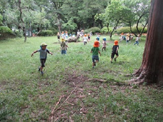 公園で遊んでいる4歳児ぱんだ組、5歳児らいおん組の子ども達の様子の写真