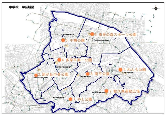 地図：中学校　学区域図　市内放射線量測定箇所