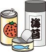 イラスト：海苔の缶、ジュースの缶、魚の缶