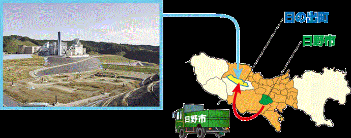 写真：東京都地図の中の日野市と日の出町の位置関係