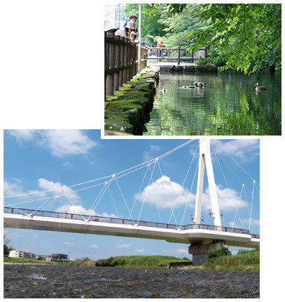 写真1：市内の水辺風景　写真2：万願寺歩道橋（ふれあい橋）