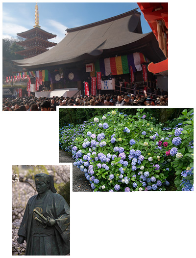 写真1：高幡山明王院金剛寺　写真2：紫陽花　写真3：土方歳三の銅像