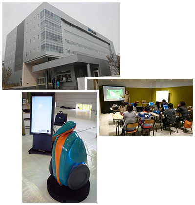写真1：東京都立産業技術研究センターの外観　写真2：おもてなしロボット　写真3：3Dプリンター活用教室の様子