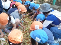 写真：野菜の皮をちぎる子供たち