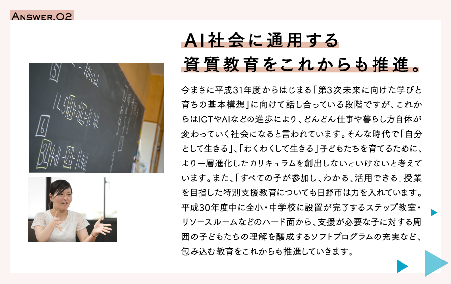 Answer.02　AI社会に通用する資質教育をこれからも推進。今まさに平成31年度からはじまる「第3次未来に向けた学びと育ちの基本構想」に向けて話し合っている段階ですが、これからはICTやAIなどの進歩により、どんどん仕事や暮らし方自体が変わっていく社会になると言われています。そんな時代で「自分として生きる」、「わくわくして生きる」子どもたちを育てるために、より一層進化したカリキュラムを創出しないといけないと考えています。また、「すべての子が参加し、わかる、活用できる」授業を目指した特別支援教育についても日野市は力を入れています。平成30年度中に全小・中学校に設置が完了するステップ教室・リソースルームなどのハード面から、支援が必要な子に対する周囲の子どもたちの理解を醸成するソフトプログラムの充実など、包み込む教育をこれからも推進していきます。