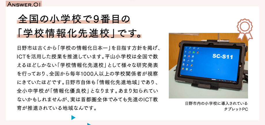 Answer.01　全国の小学校で9番目の「学校情報化先進校」です。日野市は古くから「学校の情報化日本一」を目指す方針を掲げ、ICTを活用した授業を推進しています。平山小学校は全国で数えるほどしかない「学校情報化先進校」として様々な研究発表を行っており、全国から毎年1000人以上の学校関係者が視察にきていたほどです。日野市自体も「情報化先進地域」であり、全小中学校が「情報化優良校」となります。あまり知られていないかもしれませんが、実は首都圏全体でみても先進のICT教育が推進されている地域なんです。日野市内の小学校に導入されているタブレットPC