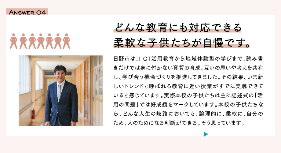 Answer.04　どんな教育にも対応できる柔軟な子供たちが自慢です。日野市は、ICT活用教育から地域体験型の学びまで、読み書きだけでは身に付かない資質の育成、互いの思いや考えを共有し、学び合う機会づくりを推進してきました。その結果、いま新しいトレンドと呼ばれる教育に近い授業がすでに実践できていると感じています。実際本校の子供たちは主に記述式の「活用の問題」では好成績をマークしています。本校の子供たちなら、どんな人生の岐路においても、論理的に、柔軟に、自分のため、人のためになる判断ができる。そう思っています。