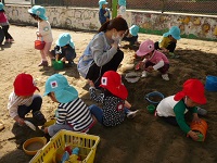 色々なクラスが砂場で遊んでいる写真