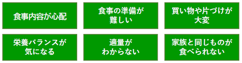 食事内容が心配、食事の準備が忙しい、買い物や片づけが大変、栄養バランスが気になる、適量がわからない、家族と同じものが食べられない