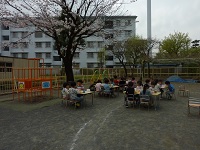 桜の木の下で給食を食べる子どもの写真