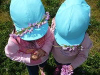 4歳児ぞう組がれんげ畑の花かんむりをかぶっている写真