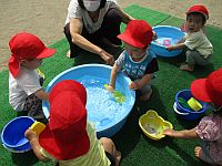 1歳児の水遊びの様子の写真