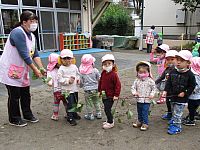 芋のつるで電車ごっこをしている2歳児の写真