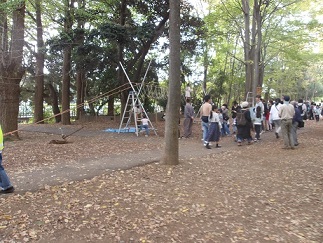 蚕糸公園内に設置されたモンキーブリッジの写真