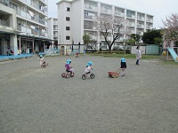 園庭で三輪車に乗る子どもたちの写真