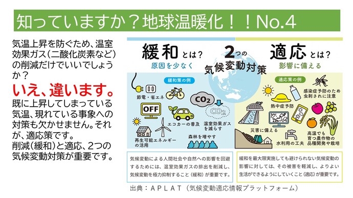 気温上昇を防ぐため、温室効果ガス（二酸化炭素など）の削減だけでいいでしょうか？いえ、違います。既に上昇してしまっている気温、現れている対策も欠かせません。それが適応策です。削減（緩和）としては例えば節電・省エネ・再生可能エネルギーの活用・森林を増やすなどがあります。そして適応としては例えば、熱中症予防・災害に備える、水利用の工夫・感染症予防のため、虫刺されに備えるなどがあります。緩和と適応の二つの気候変動対策が重要です。