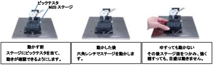 写真：製品動かした場合　動かす前　ステージにピックテスタを当て、動きが確認できるようにします。動かした後　六角レンチでステージを動かします。ゆすっても動かない　その後ステージ面をつかみ、強く揺すっても、目盛は動きません。