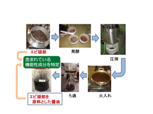 廃棄されるエビ頭部を原料とした醤油の製造フローを表した写真