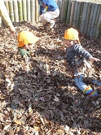 3歳児こあら組がせせらぎ農園で落ち葉のプールで遊んでいる写真