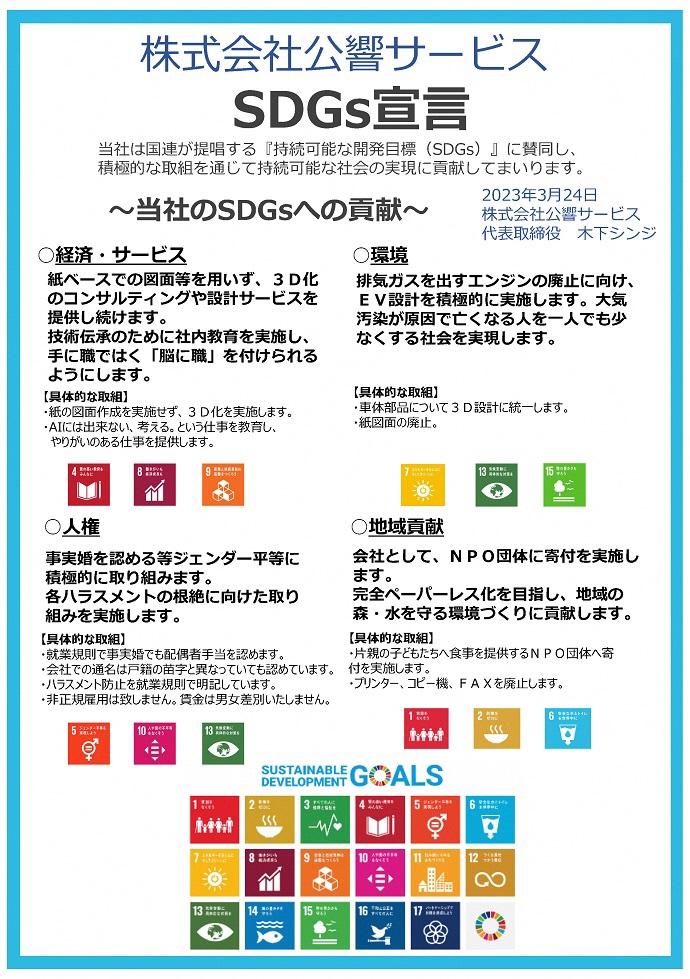 株式会社公響サービス　SDGs宣言 当社は国連が提唱する『持続可能な開発⽬標（SDGs）』に賛同し、積極的な取組を通じて持続可能な社会の実現に貢献してまいります。　2023年3⽉24⽇ 株式会社公響サービス 代表取締役⽊下シンジ　 当社のSDGsへの貢献　 経済・サービス 紙ベースでの図⾯等を⽤いず、3D化 のコンサルティングや設計サービスを 提供し続けます。 技術伝承のために社内教育を実施し、 ⼿に職ではく「脳に職」を付けられる ようにします。 環境 排気ガスを出すエンジンの廃⽌に向け、 EV設計を積極的に実施します。⼤気 汚染が原因で亡くなる⼈を⼀⼈でも少 なくする社会を実現します。 ⼈権 事実婚を認める等ジェンダー平等に 積極的に取り組みます。 各ハラスメントの根絶に向けた取り 組みを実施します。 地域貢献 会社として、NPO団体に寄付を実施し ます。 完全ペーパーレス化を⽬指し、地域の 森・⽔を守る環境づくりに貢献します。