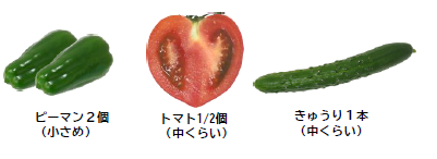 画像　70g分の野菜　ピーマン小さめ2個　トマト中くらい1/2個　きゅうり中くらい1本
