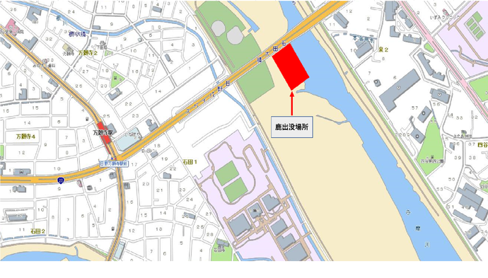 シカの出没場所（石田大橋とサッカー場の近く）（地図）