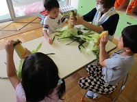 4歳児きりん組の子どもたちがトウモロコシの皮むきをしている写真