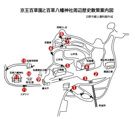 京王百草園と百草八幡神社周辺歴史散策案内図