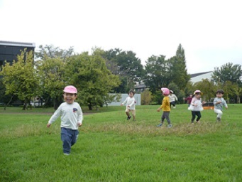 1歳児りす組が都立大学の芝生で走っている様子の写真