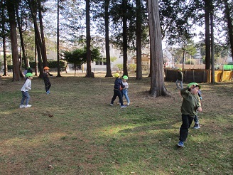 5歳児らいおん組が公園の中を走っている様子の写真