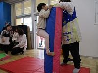 丸太をよじ登っている様子の写真