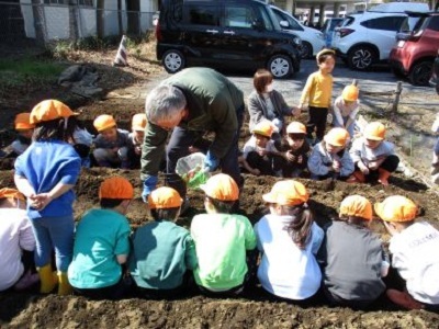 ジャガイモの苗の植え方用務員に教わっているところ