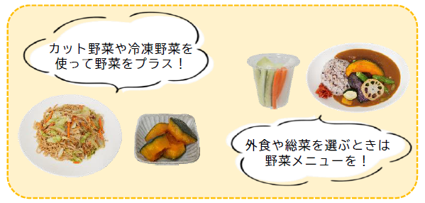 カット野菜や冷凍野菜を 使って野菜をプラス！外食や総菜を選ぶときは 野菜メニューを！