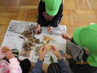4歳児も落ち葉を集めている写真です。