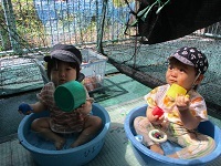 写真：0歳児がたらいに入って水遊びをしている様子